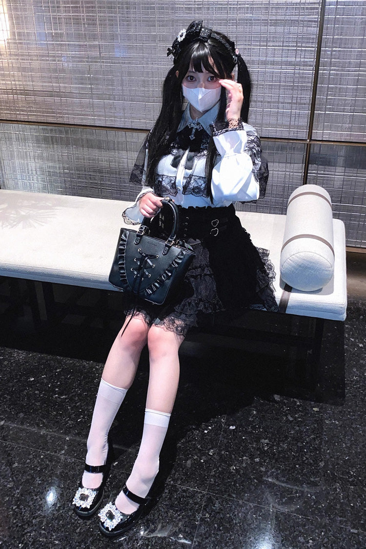 Jirai Kei Blouse with Hollow Lace and Long Sleeves - Mist Veil, 3 Tones