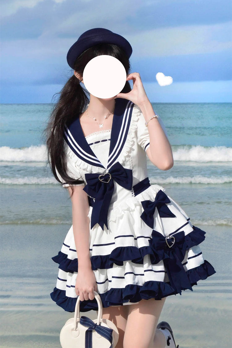 Dark Blue Double Layer Ruffled Sweet Lolita Dress - Short Sleeved Lace