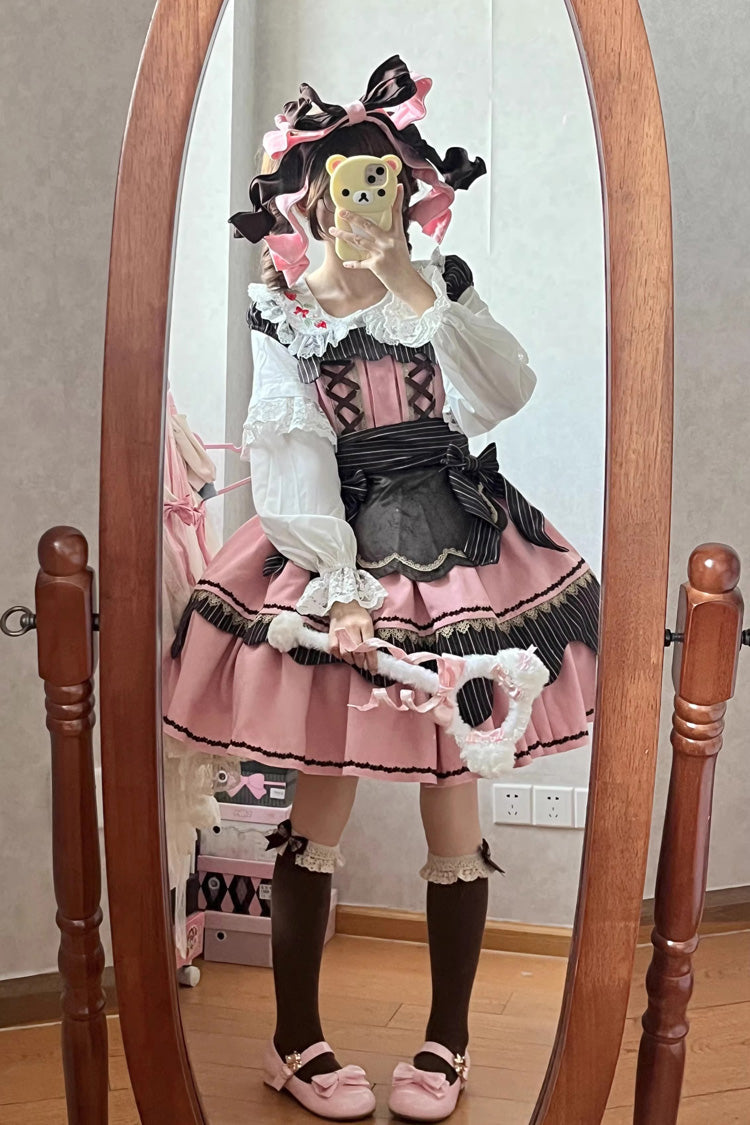 Irregular Sweet Dress with Double-Layered Print and Bow Lace-Up - Strawberry and Mint Chocolate