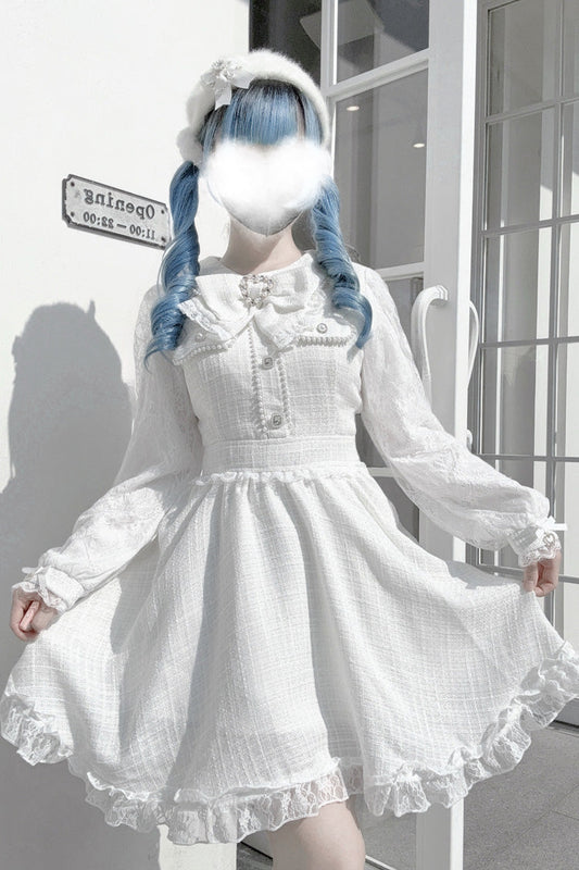 Ivory Pearl and Bow Lace-Embellished Jirai Dress