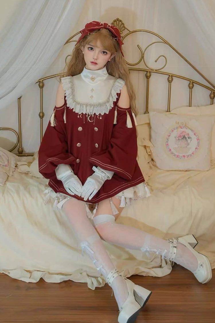 Crimson Starry Night Gown with Ruffled Sleeves and Embroidery