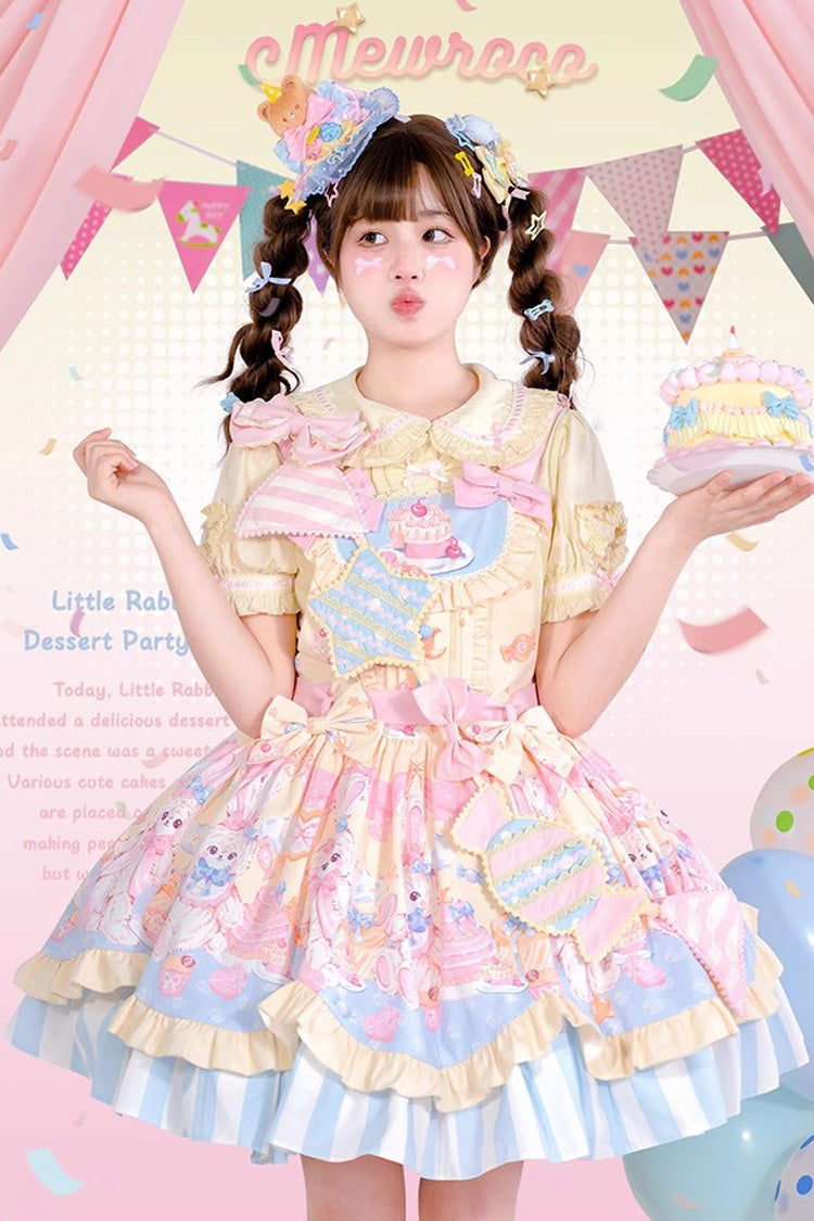 Multicolor Party Bunny Cat Printed Bow Sweet Lolita Jumper Dress