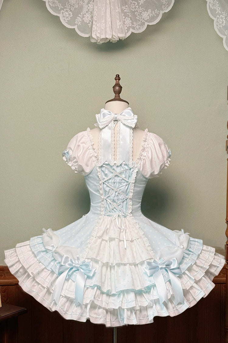 Blue Halterneck Short Sleeve Triple-Layered Polka Dot Bow Lace-Up Sweet Dress