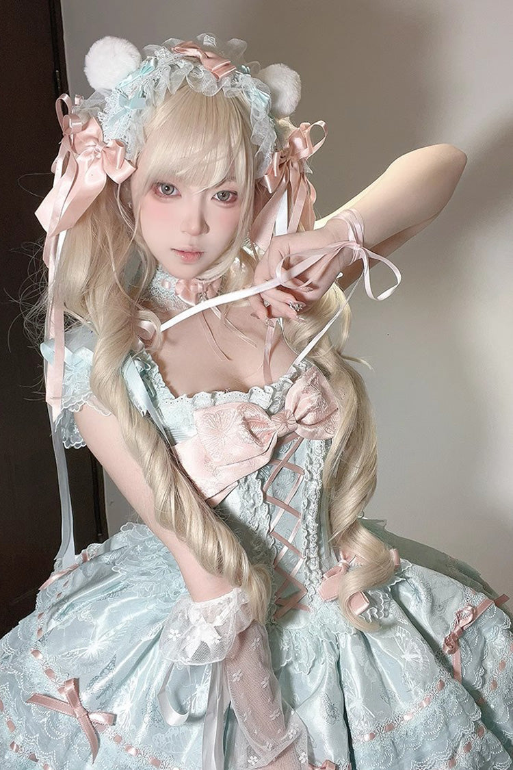 Green Sleeveless Ruffled Bow Lace-Up Sweet Elegant JSK - Flora Isle Butterfly