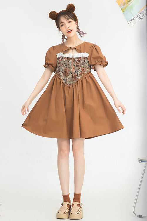 Tie Neck Bear Print Jacquard Panel Bubble Short Sleeve High Waist Sweet Dress