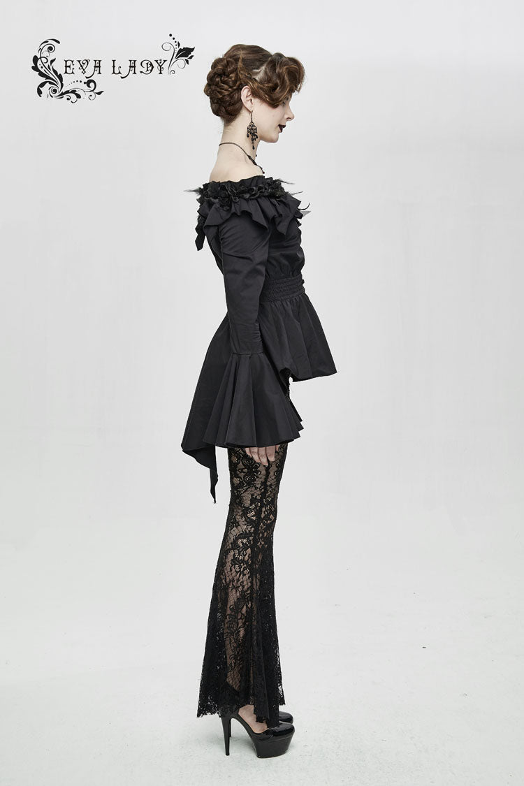 Ink Rose Flower-Decorated One-Word Collar Long-Sleeve Flare Cuff Gothic Blouse for Women