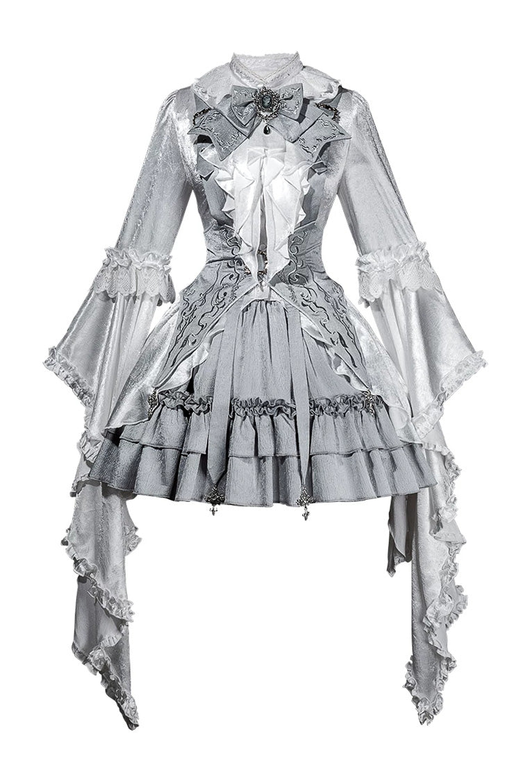 Ivory and Silver Key Embroidered Open-Front Bow Gothic Lolita Skirt Ensemble
