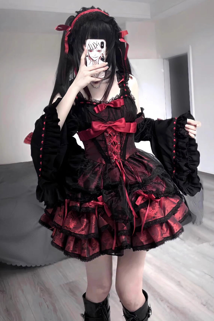 Black Red Sleeveless Multi-Layer Ruffled Lace-Up Gothic Jsk Dress