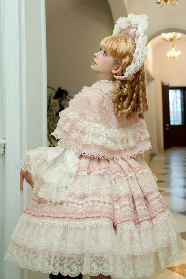 Pink Sleeveless Ruffled Bow Lace Sweet Lolita JSK - Reinas