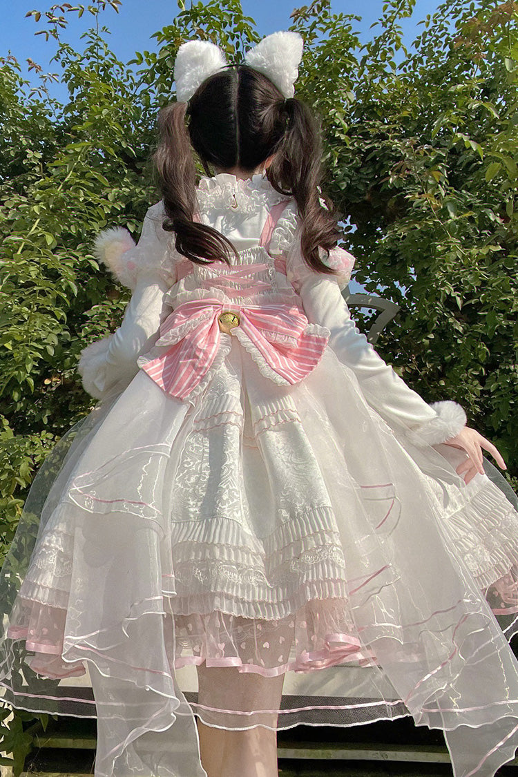 White & Pink Magic Meow Ruffled Bow Sweet Princess Lolita JSK Dress