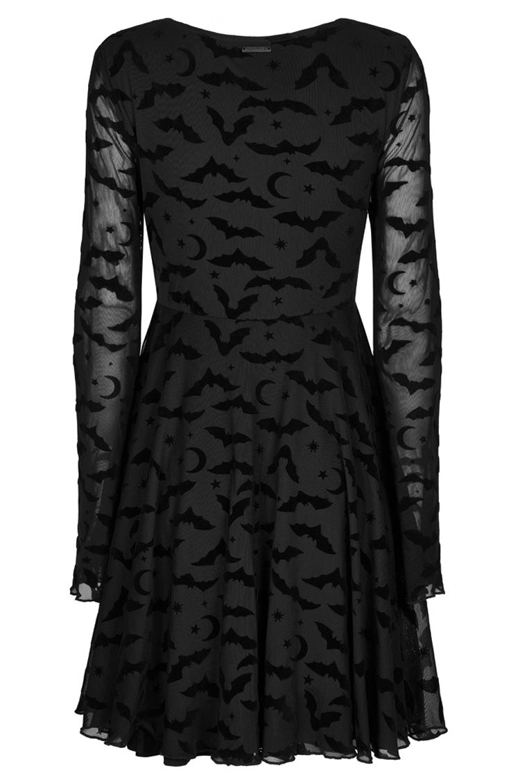 Minimalist Flared Sleeve Bat Moon Flocking Print Long Dress