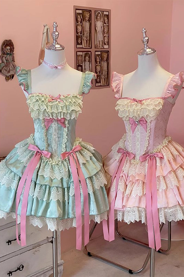 Green Multi-Layered Ruffled Bow Lace Sweet Ballet Lolita Dress