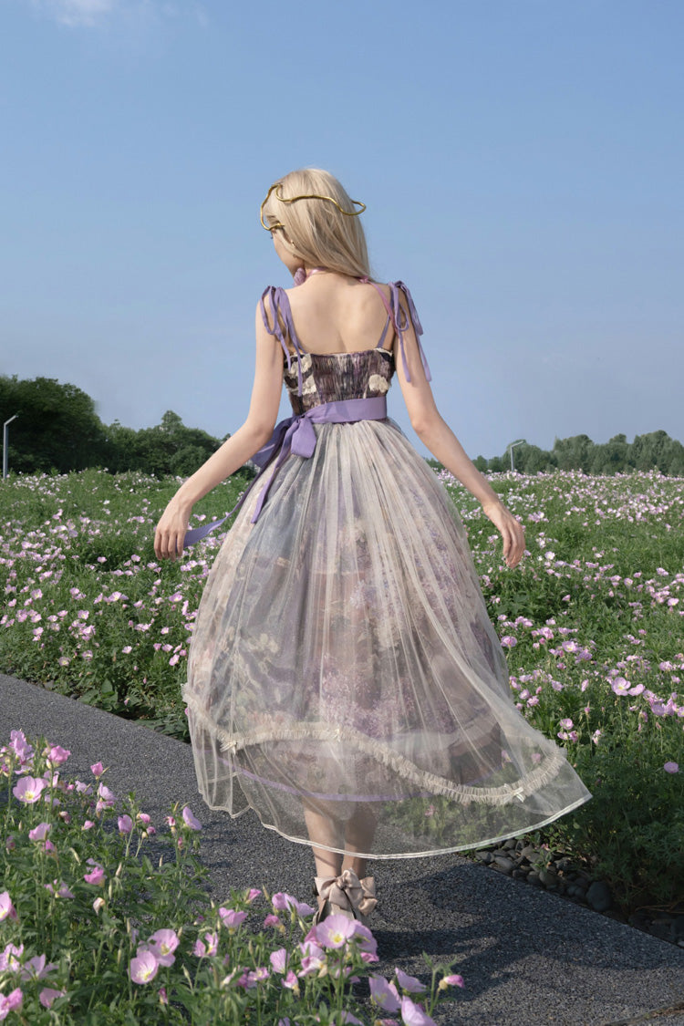 Violet Shaded Blossoms Oil Painting Sleeveless Printed Ruffled Bow Lace JSK