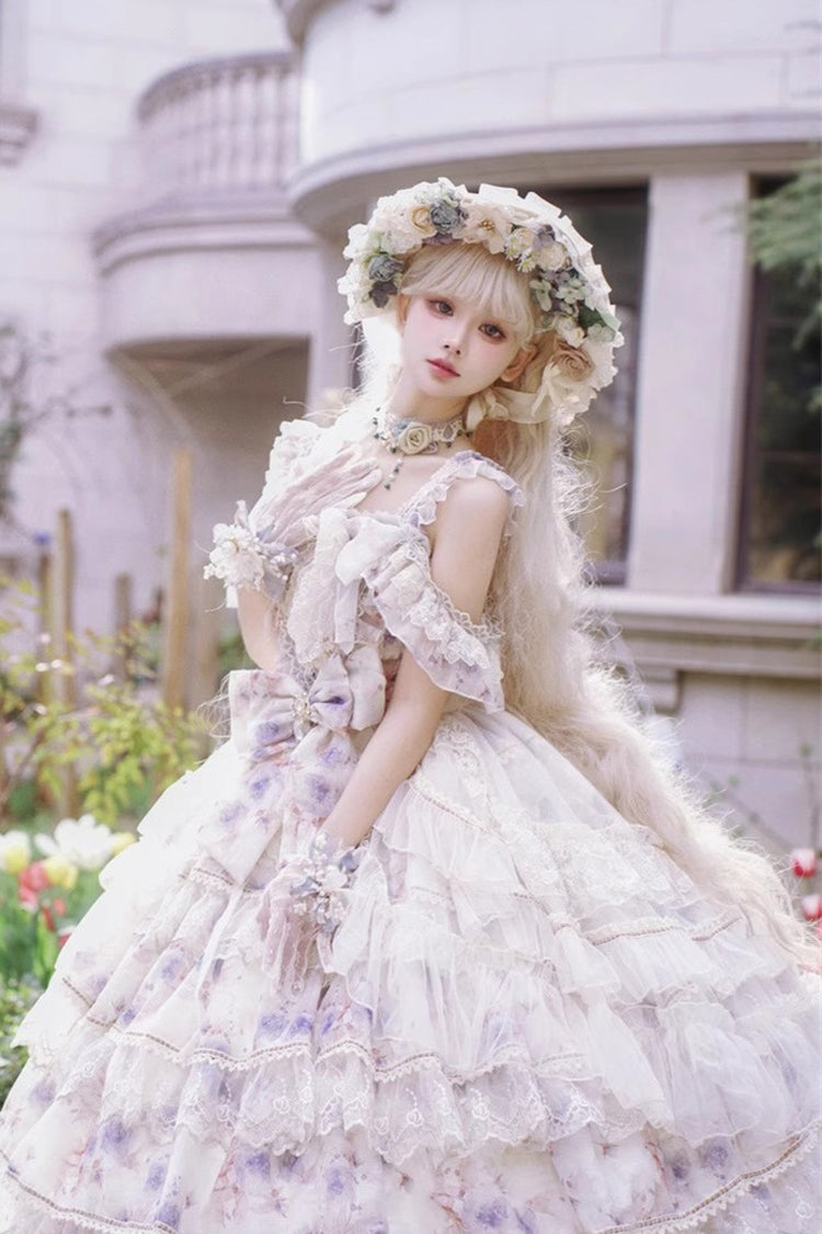 Rose Letter Off Shoulder Triple-Layered Print Ruffle Hanayome Princess Lolita Dress in Blue