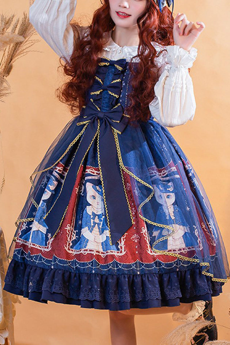 Chiffon Waist Bow Cat Print JSK Dress - Royal Court Lace