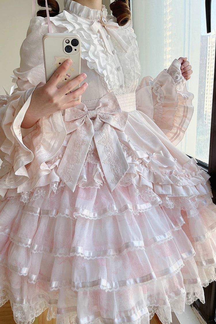 Pink Soloist Doll Long Hime Sleeve Multi-Layer Print Ruffle Bow Asymmetrical Sweet Lolita