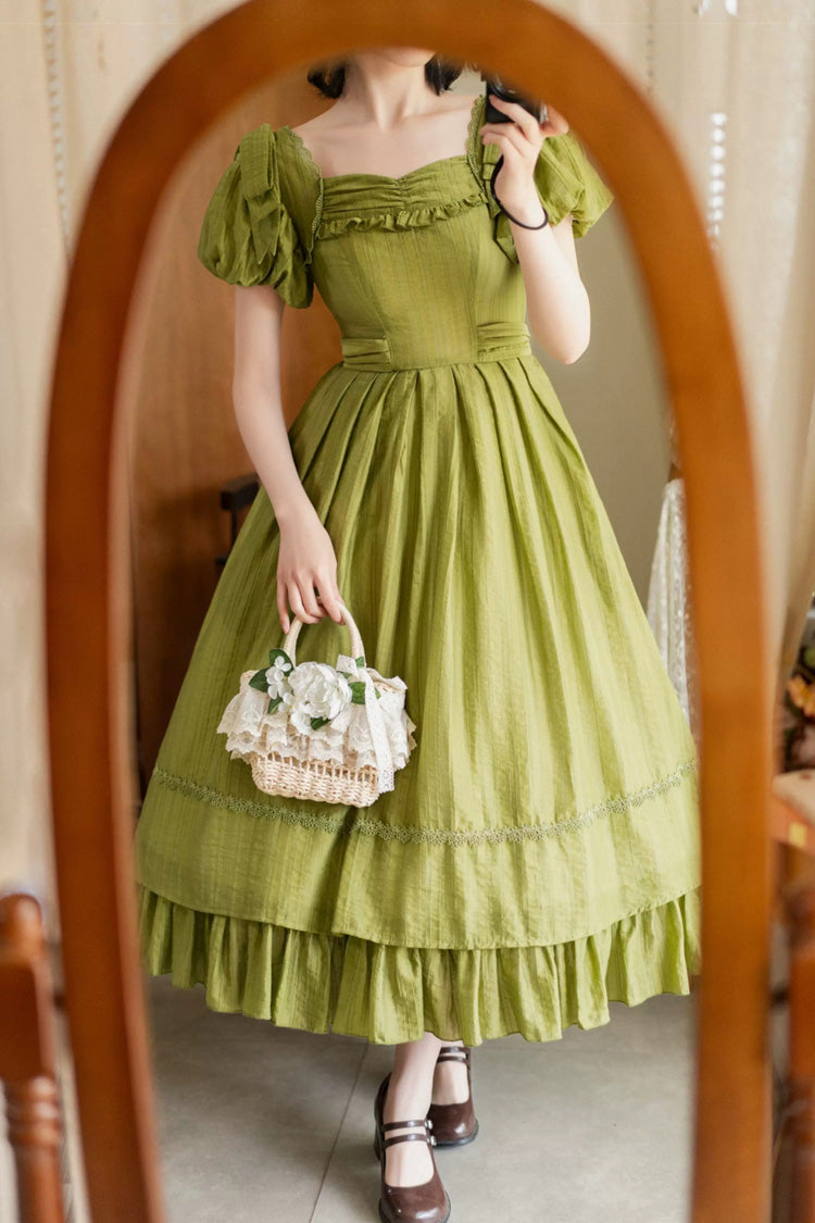 Square Collar Ruffled Bow Dress - Forest Gallery
