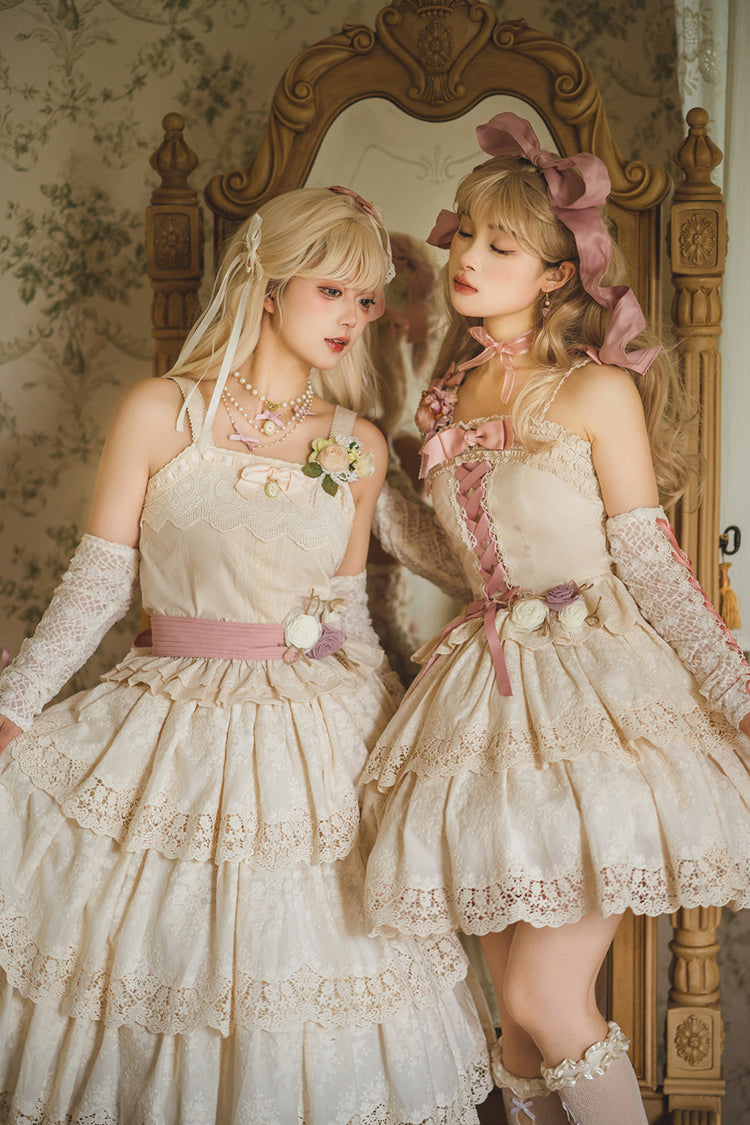 Cream Forest Waltz Embroidery Bow Lace-Up Slim Elegant Sweet Lolita Suspender Top