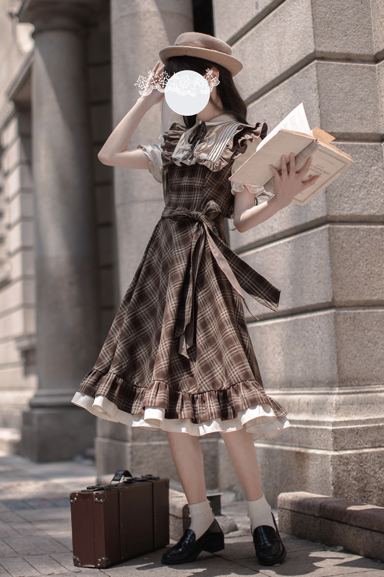 Brown Thames at Dusk Print Dress with Ruffled Bow and Short Sleeves