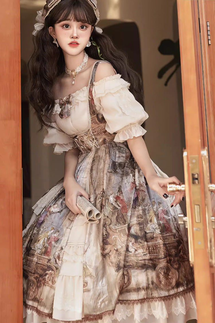 Oil Painting Bowknot Lace Elegant Palace JSK in Brown