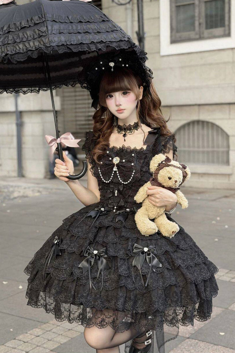 Black Square Neck Sleeveless Multi-Layered Bow Lace Pearl Gothic JSK - Featherlight Slumber