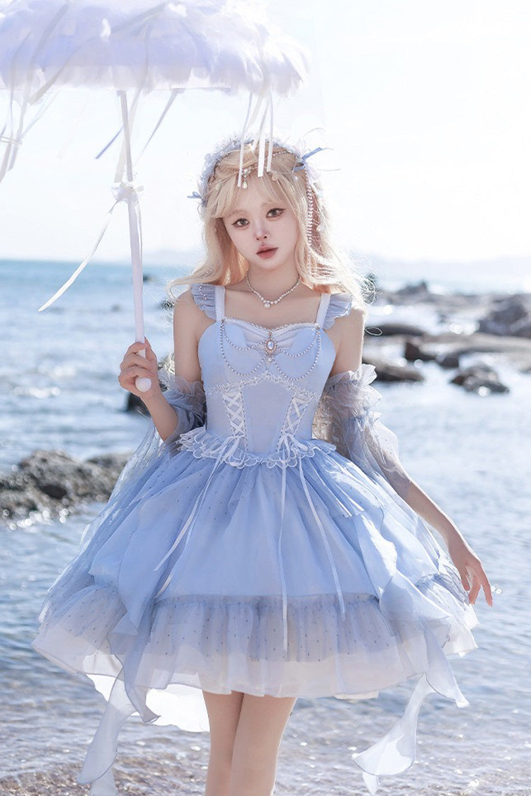 Blue Moon Goddess Song Multilayer Ruffle Lace-Up Sweet Elegant Lolita Jumper Dress
