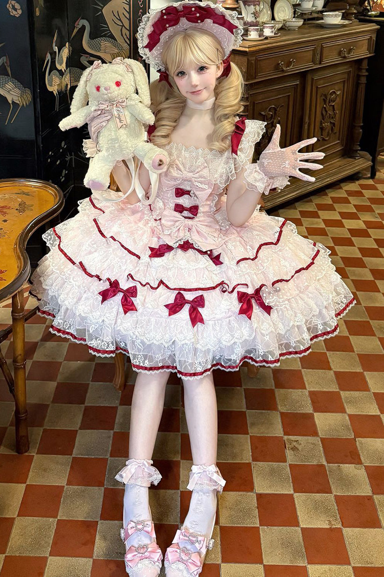 Pink Moon-Tide Butterfly’s Call Sleeveless Multi-Tiered Ruffle Bow Lace Sweet Lolita Jumper Dress