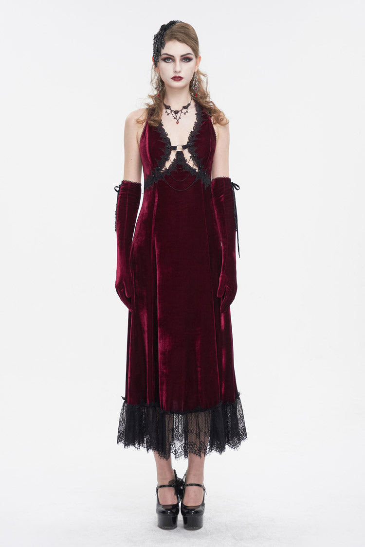 Crimson Lace-Up Hem Slip Gothic Dress