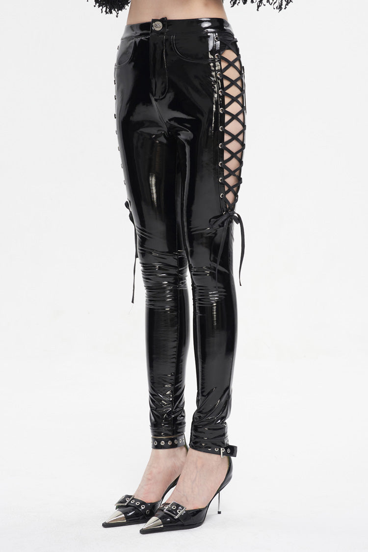 Vinyl Side Cutout Lace-Up Punk Pants for Women