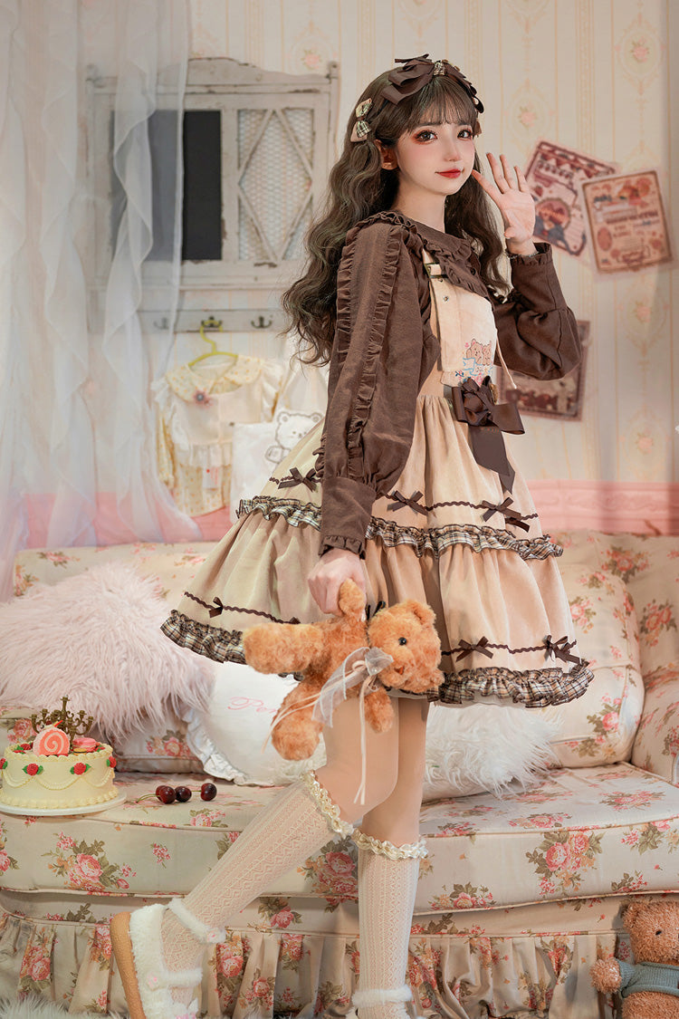 Khaki Cute Bear Embroidered Sleeveless Double Layer Ruffle Bow Sweet Jsk Dress