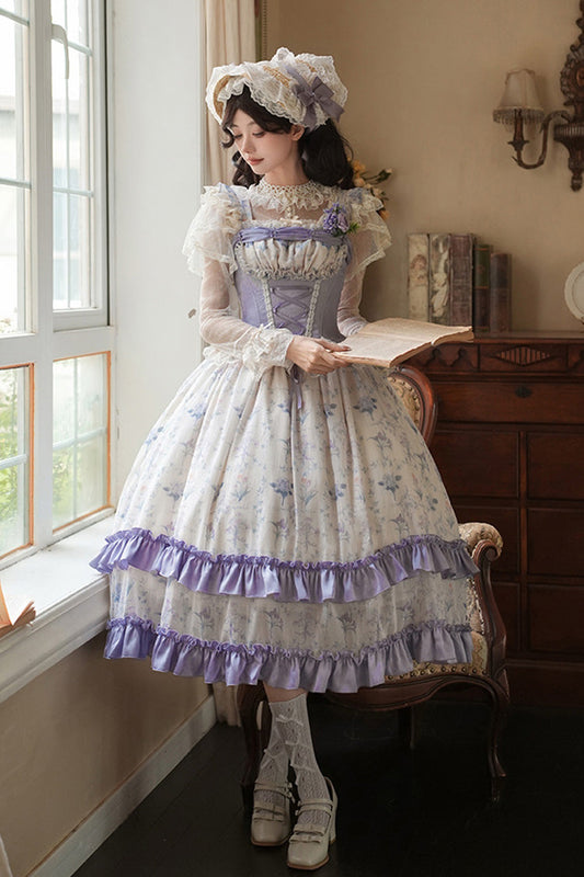 Double-Layer Print Ruffle Bow Lace-Up Fake Two Piece Sweet Lolita Jumper Dress - Purple Ivory