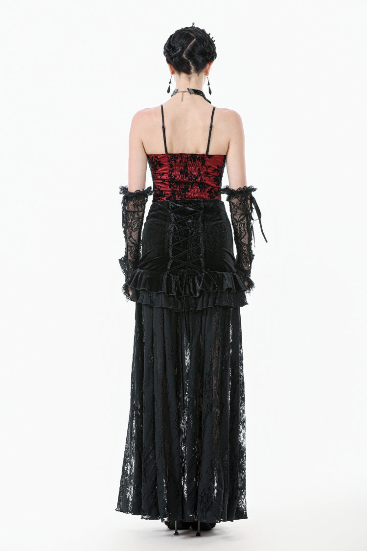 Gothic Velvet Long Skirt with Lace and Lace-Up, Black