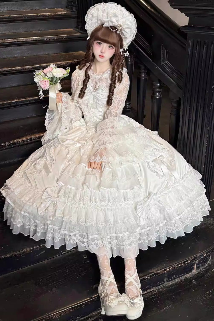 Ivory Curtain Ode Multi-Tier Ruffled Bridal Front Bow Lace-Up Long JSK