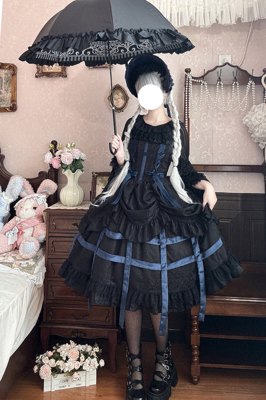 Sleeveless Printed Ruffled Bow Lace-Up Gothic Elegant Jsk Dress - Two Colors