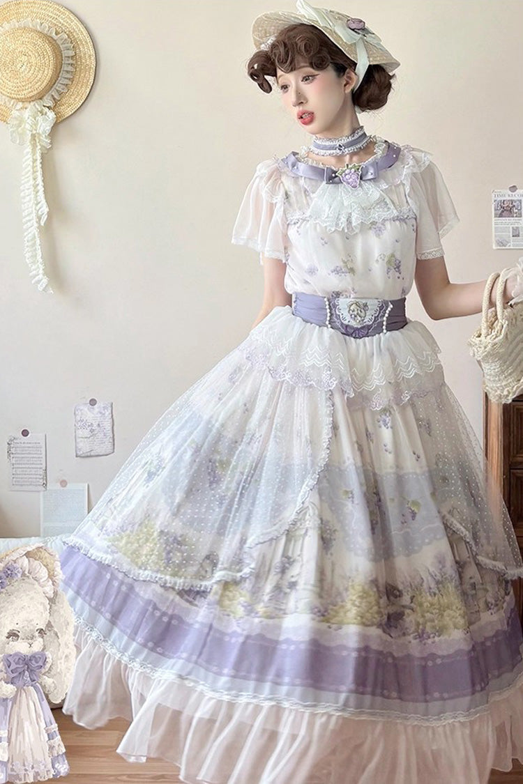 Ivory and Lavender Rabbit Vine Grape Print Short Sleeve Ribbon Lace Elegant Sweet Lolita Skirt Set