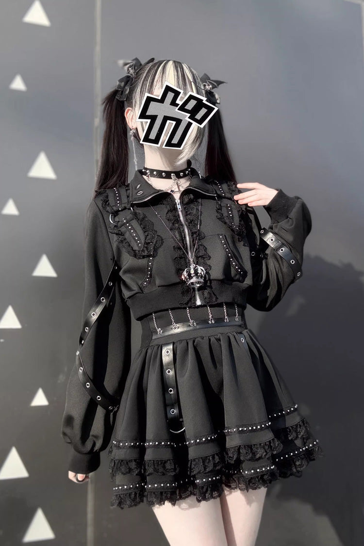 Black Gothic Ruffle Lace Zip Skirt Ensemble Jirai Kei