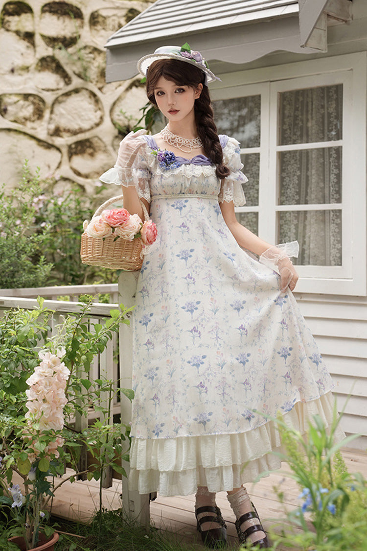 Ivory Purple Short Sleeve Double-Layered Ruffle Lace Bowknot Sweet Dress