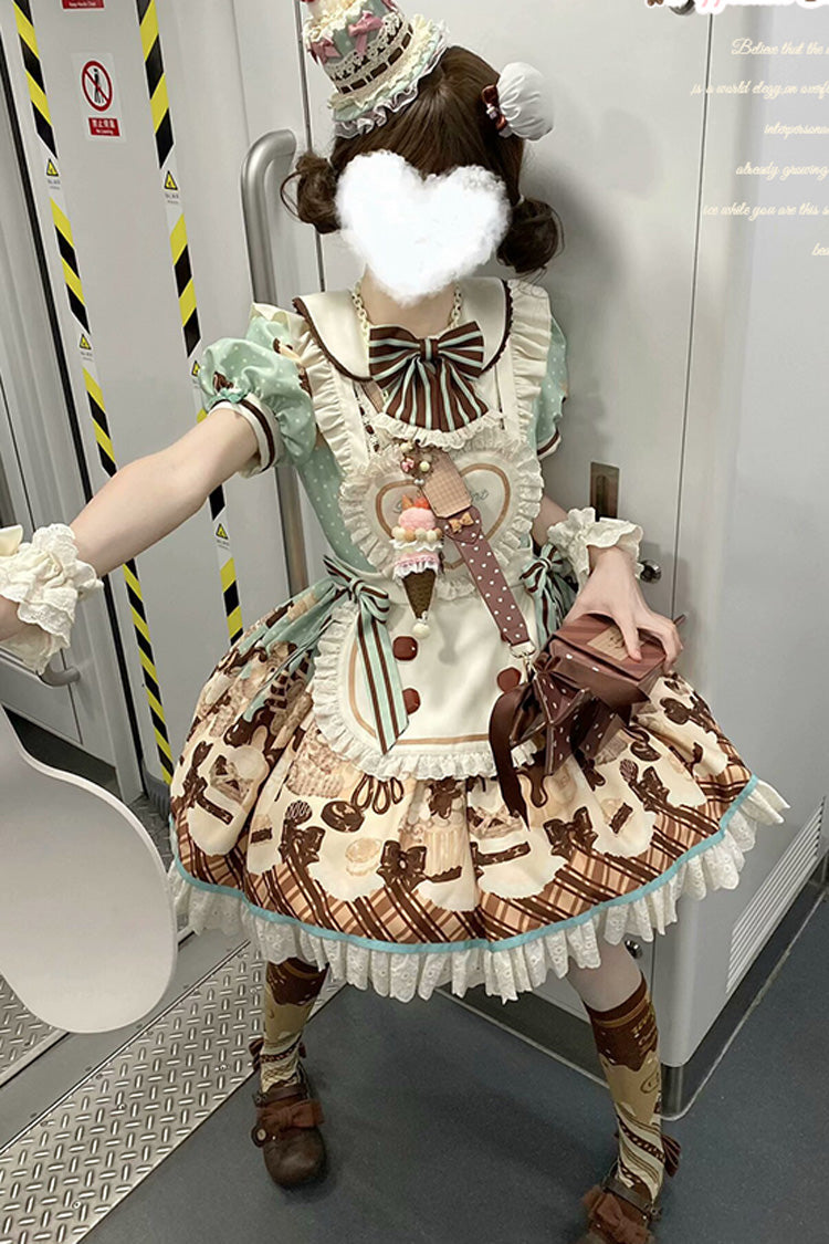 Brown Chocolate Cake Bear Print Ruffled Bow Lace-Up Sweet Dress - Peppermint Chocolate