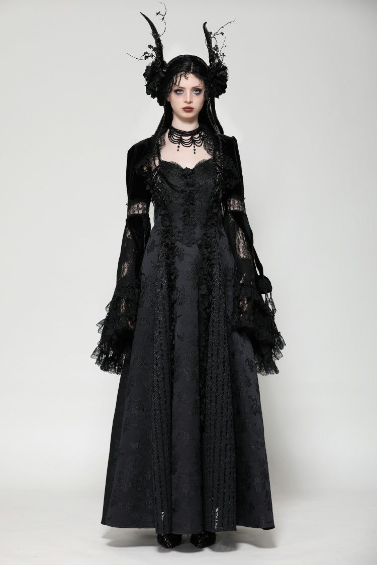 Jet-Black Gothic Cape with Flared Sleeves and Ruffled Lace Trim