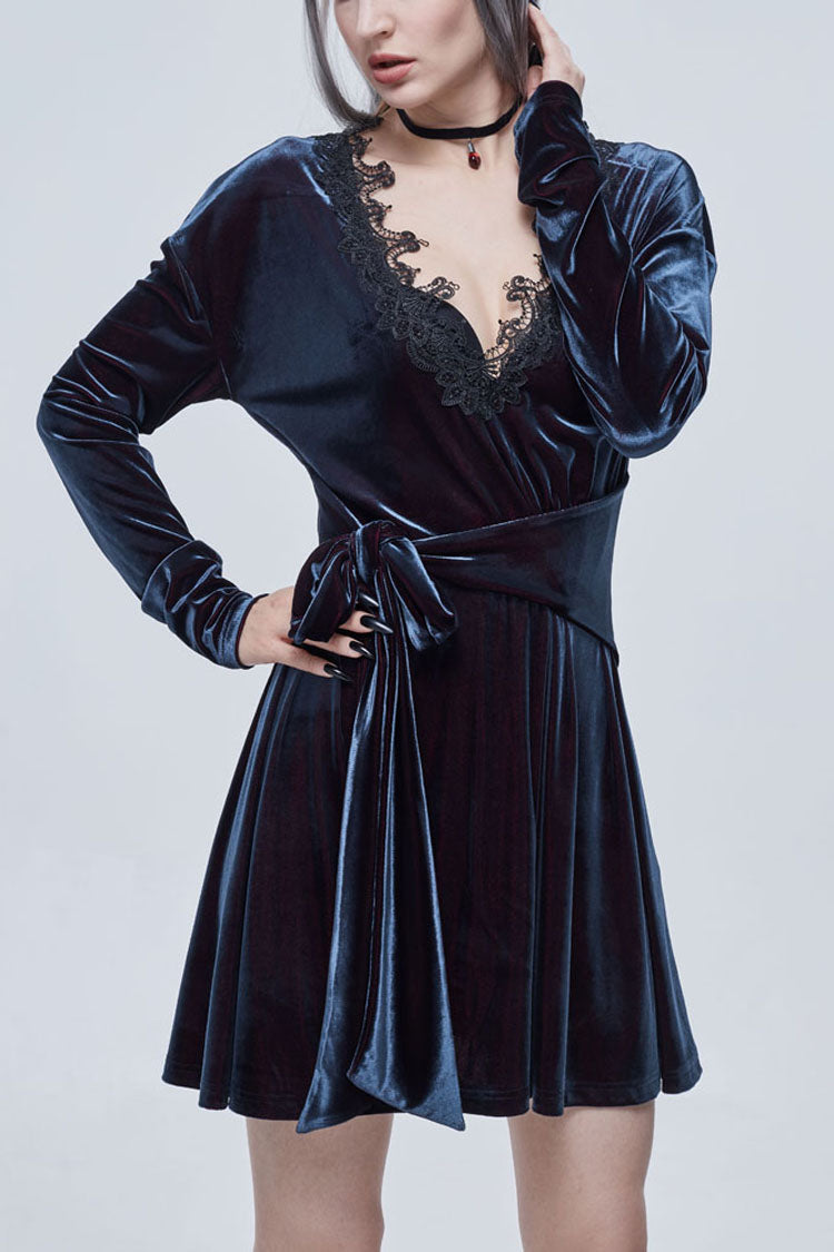 Crimson & Noir Velvet V-Neck Bow Detail Long Sleeve Gothic Dress