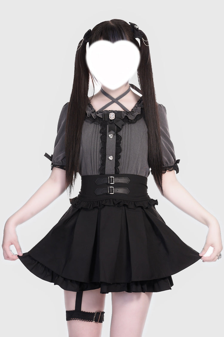 Black Leather Buckle Leg Ring Double-Layer Ruffle Sweet Jirai Kei Skirt
