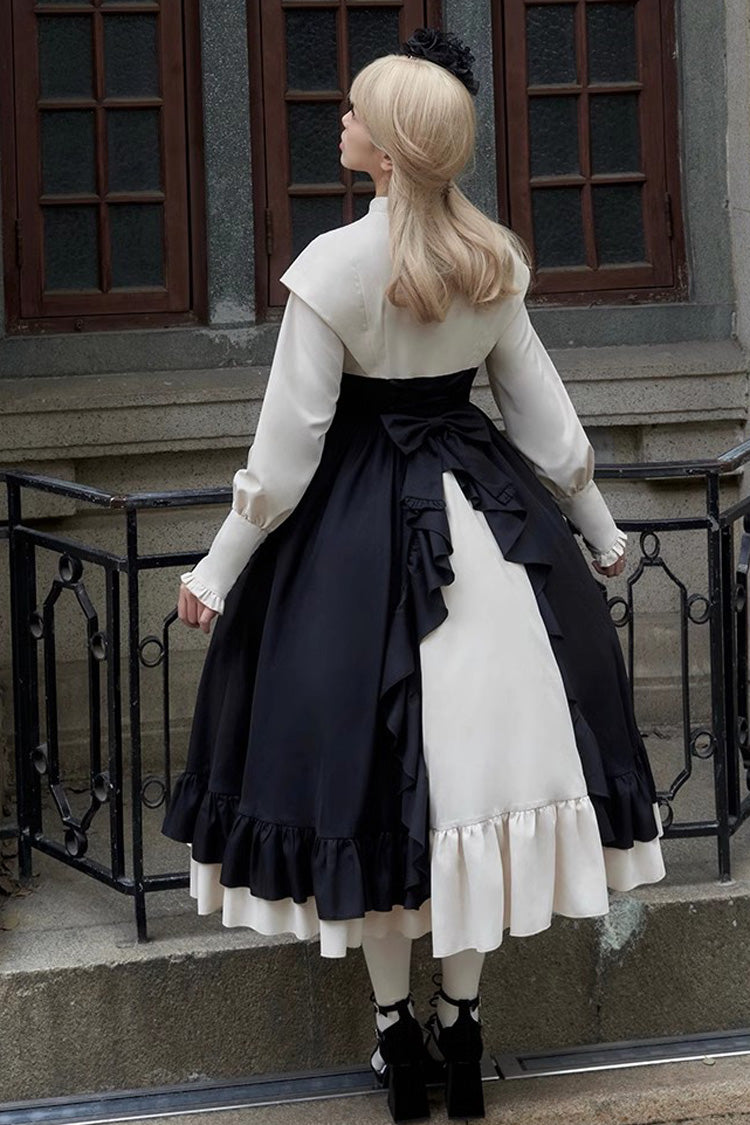 Elegant Rose-Embroidered Long-Sleeve Ruffle Bow Dress with Faux Two-Piece Style in 2 Shades