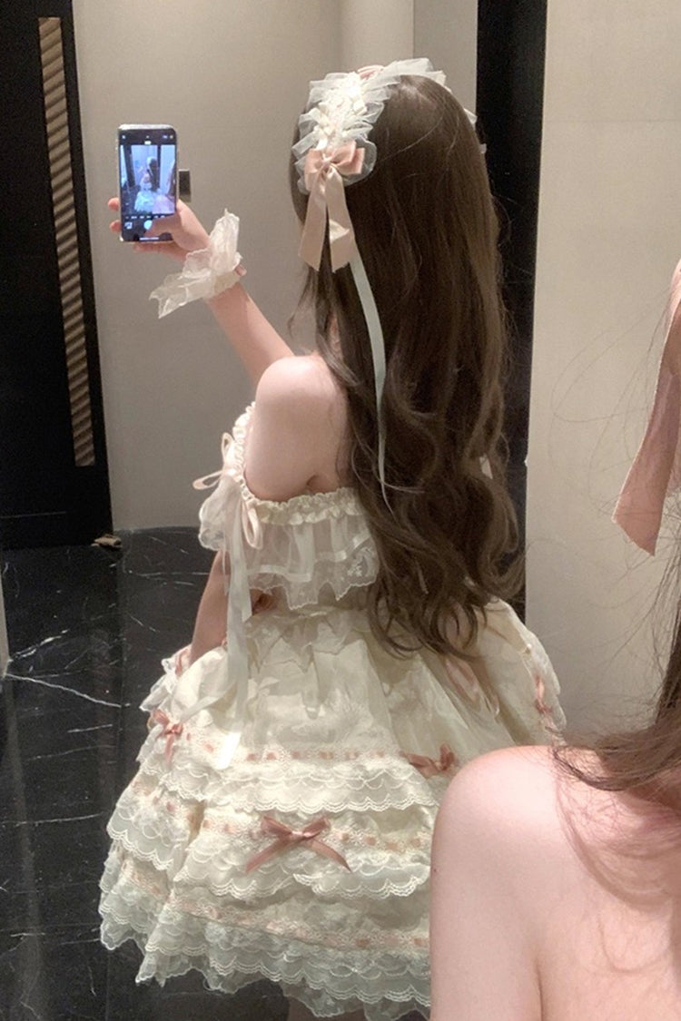 Apricot Sweet Elegant Lolita JSK Dress with Sleeveless Ruffles Bowknot Lace and Lace-Up