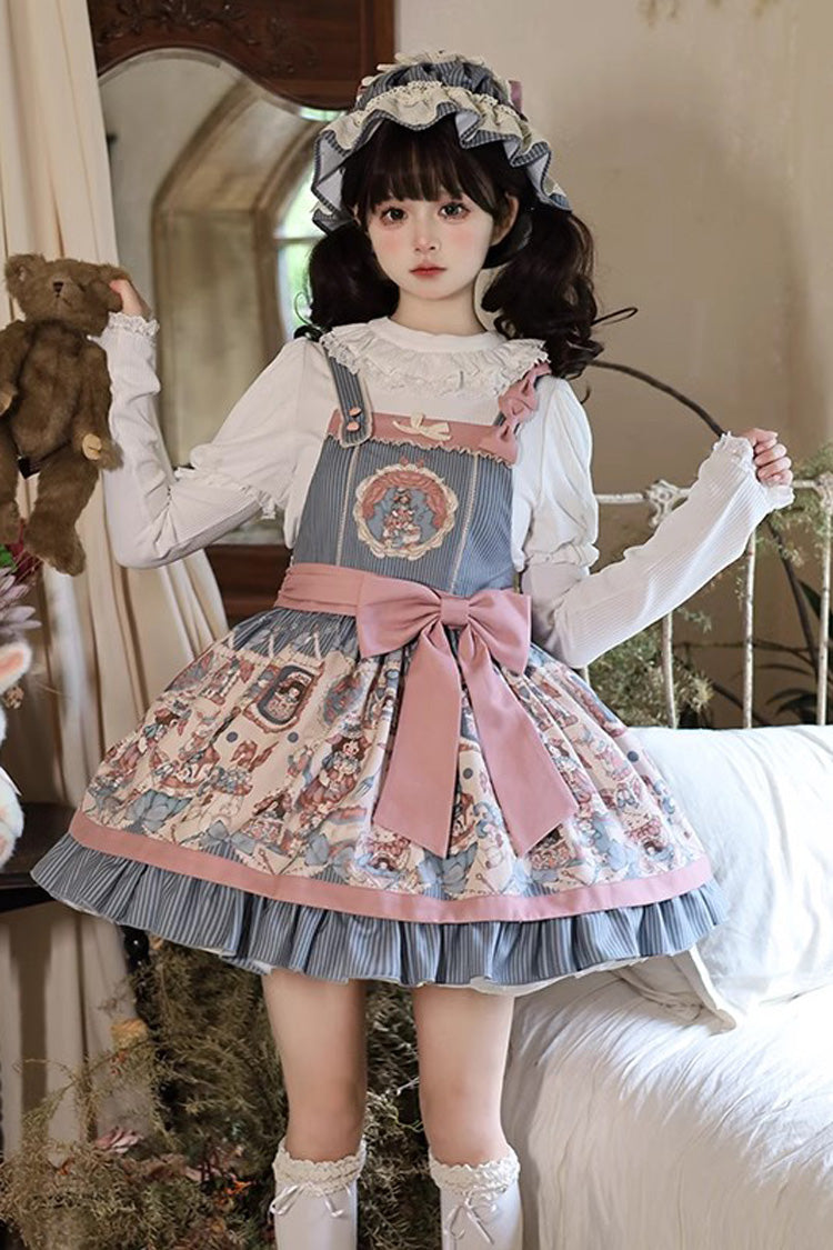 Blue Doll Print Bow Sweet Strap Dress
