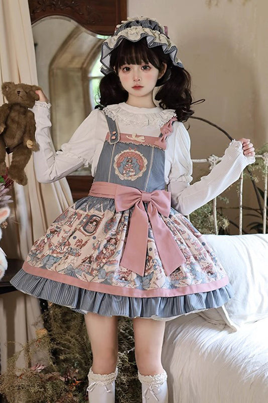 Blue Doll Print Bow Sweet Strap Dress