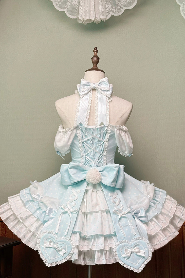 Blue Halterneck Short Sleeve Triple-Layered Polka Dot Bow Lace-Up Sweet Dress