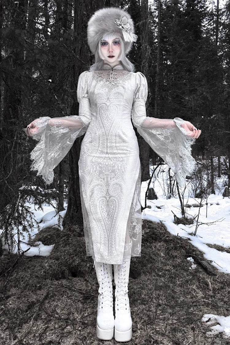Silver High-Waisted V-Neck Long Sleeve Lace Ruffle Gothic Fishtail Dress - The Call of the Snow Country
