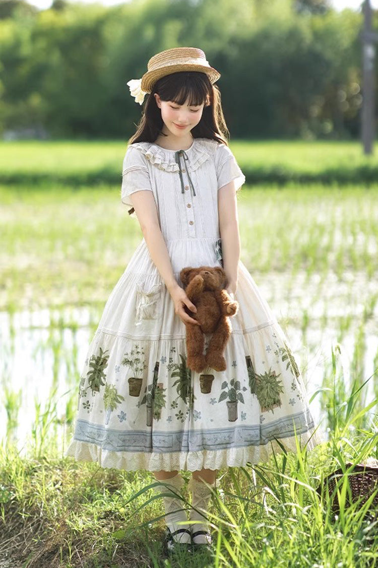 Ivory Potted Plant Short Sleeves Print Ruffle Sweet Lolita Dress