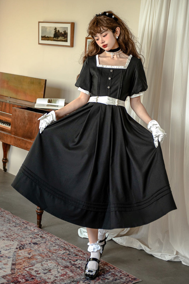 Black Random Thoughts Square Collar Classic Vintage Gown