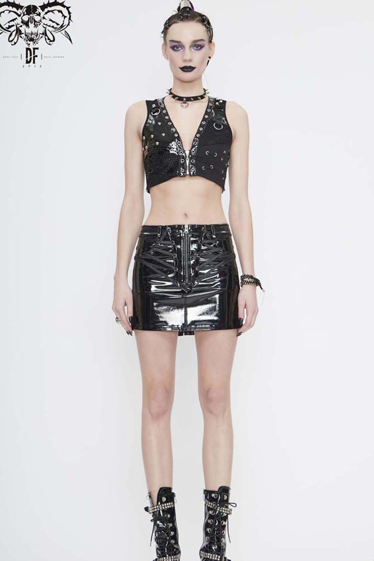 Punk Waistcoat with Leather and Mesh Asymmetrical Design